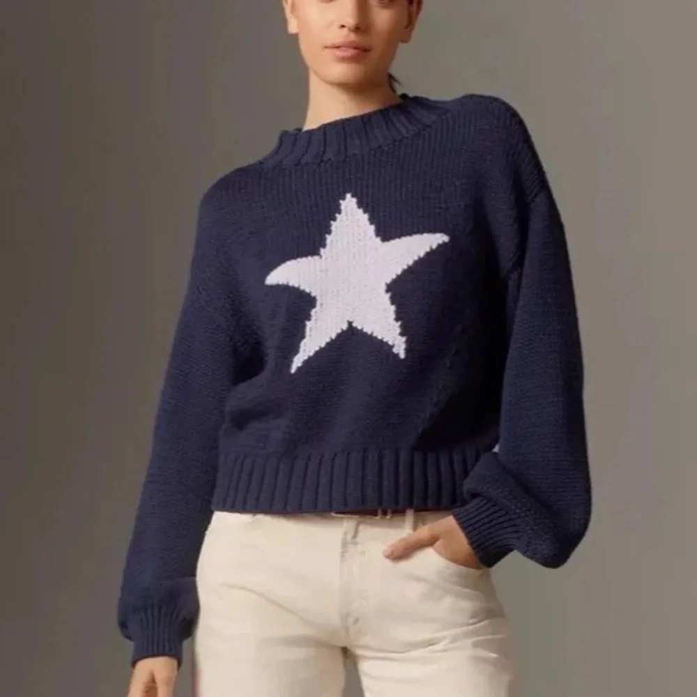 Maeve Pippa Mock Neck Sweater Small Blue White‎ Star Knit Balloon Sleeve Cropped